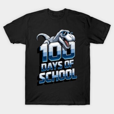 Black "100 Days of School" T-shirt featuring a dinosaur with sunglasses, fun design for educational milestones.