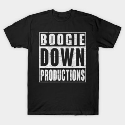 Black t-shirt with "Boogie Down Productions" text, casual style, 100% cotton, perfect for everyday wear.