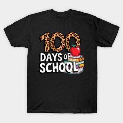 Black "100 Days of School" T-shirt with leopard print numbers and apple design, ideal for school events.