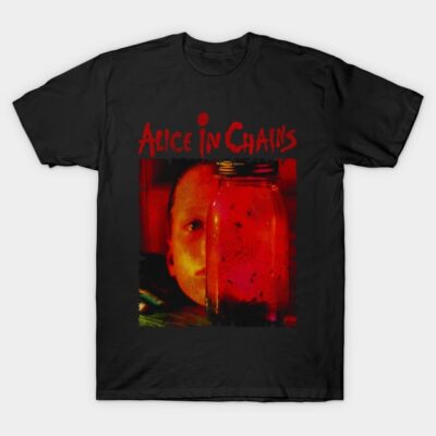 Black graphic t-shirt with vibrant red and orange design featuring abstract elements, perfect for casual wear.