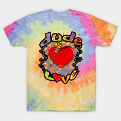 Tie-dye t-shirt with colorful "Dude Love" graphic print, rainbow hues, casual style, perfect for everyday wear.