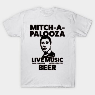 White graphic t-shirt featuring "Mitch-a-palooza" text and live music theme, casual wear, cotton material.