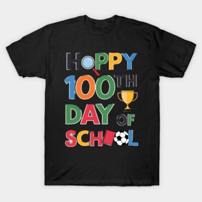 Black "100th Day of School" T-shirt, colorful text and icons, casual style, perfect for school celebrations.