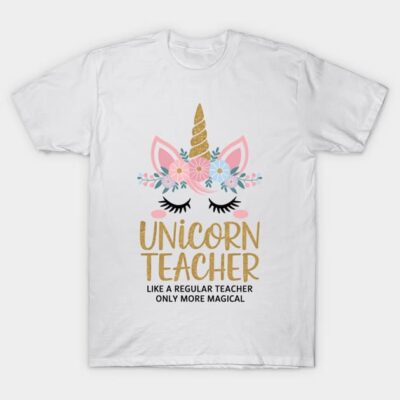 White unicorn-themed t-shirt with floral design and "Unicorn Teacher" text, ideal for casual wear or gifting.