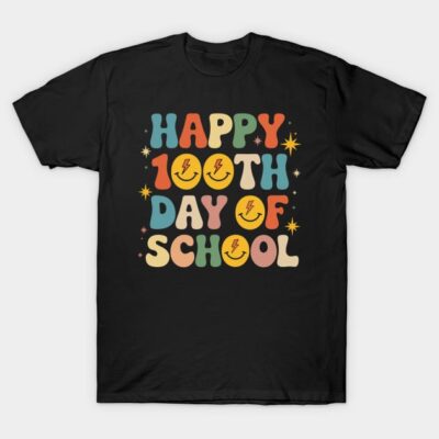Black T-shirt with colorful "Happy 100th Day of School" text and smiley face design, casual style, cotton material.