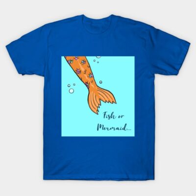 Blue t-shirt with mermaid tail graphic and "Fish or Mermaid" text, casual style, ideal for ocean lovers.