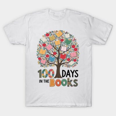 White T-shirt with colorful book tree design and "100 Days in the Books" text, perfect for school celebrations.