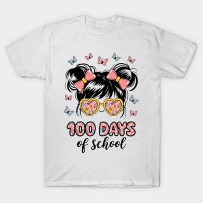 White 100 Days of School T-shirt with playful design, featuring colorful butterflies and heart-shaped sunglasses.