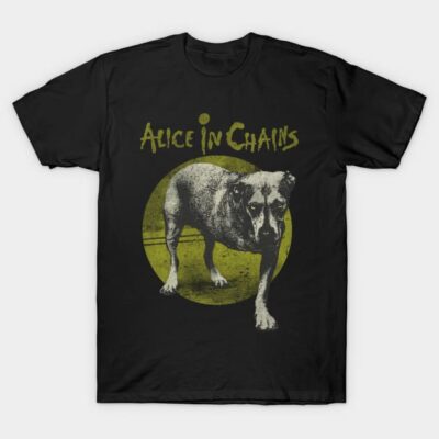 Black graphic t-shirt featuring dog design and yellow text, perfect for casual wear or music fans, made of 100% cotton.
