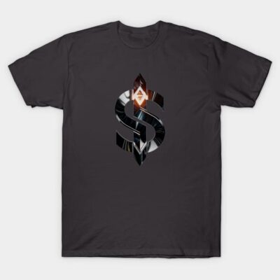 Black T-shirt with abstract dollar sign design, casual style, comfortable cotton fabric, ideal for everyday wear.