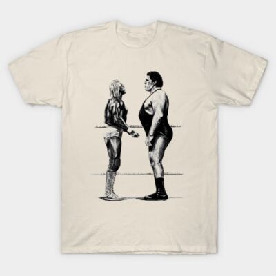 Beige t-shirt featuring a black and white wrestling illustration, casual style, perfect for sports fans.