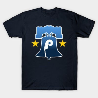 Navy blue t-shirt featuring a stylized bell graphic with stars, casual wear, soft cotton material.