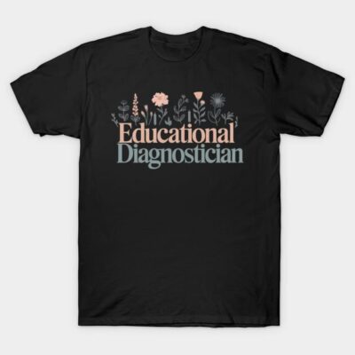 Black t-shirt with "Educational Diagnostician" text and floral design, casual style, cotton material.