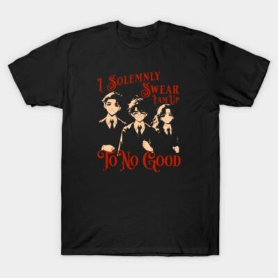 Black graphic T-shirt featuring red text and three illustrated figures, perfect for casual wear.