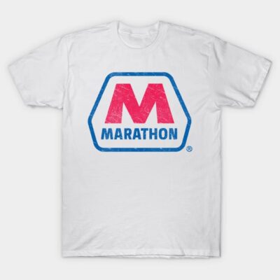 White cotton T-shirt with red and blue "Marathon" logo, casual wear, unisex, comfortable fit.