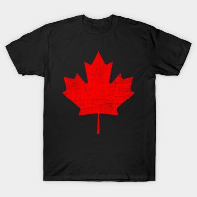 Black t-shirt with red maple leaf design, casual style, soft cotton material, perfect for everyday wear.