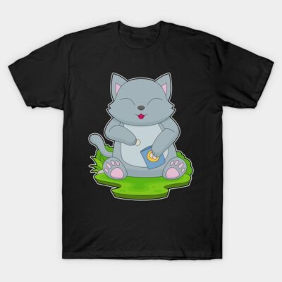 Black t-shirt with cute gray cartoon cat design, playful style, casual wear, soft cotton material.