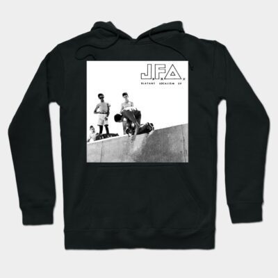 Black hoodie featuring vintage skateboarding graphic design, casual streetwear style, cotton blend material.