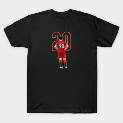Black T-shirt with red sports jersey graphic and number 20, ideal for casual wear, 100% cotton material.