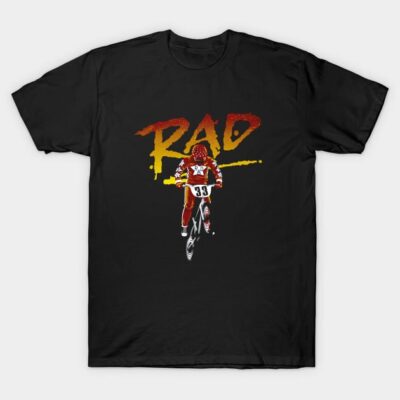 Black T-shirt featuring retro BMX rider graphic with bold "RAD" text, ideal for casual wear and cycling enthusiasts.