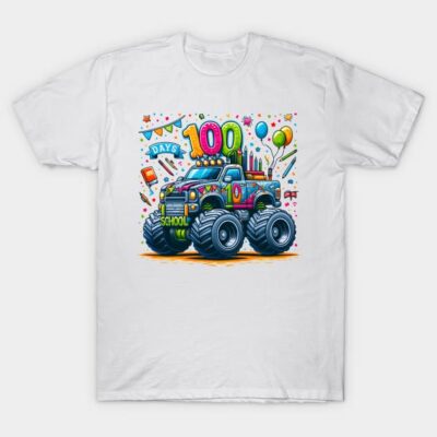 White T-shirt with colorful monster truck print celebrating 100 days of school, playful design for kids.