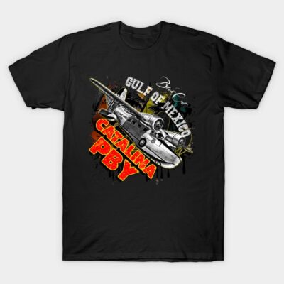 Black T-shirt with vintage Catalina PBY airplane graphic, Gulf of Mexico text, casual cotton wear.