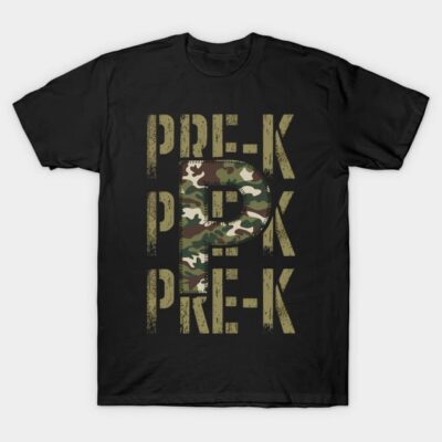 Black t-shirt with "PRE-K" text and camouflage pattern, casual style, ideal for preschool-themed wear.