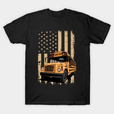Black t-shirt featuring a vintage school bus and American flag design, casual wear, 100% cotton material.