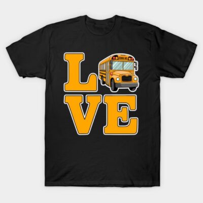 Black t-shirt with yellow school bus and "LOVE" graphic, casual wear, cotton material, unisex design.