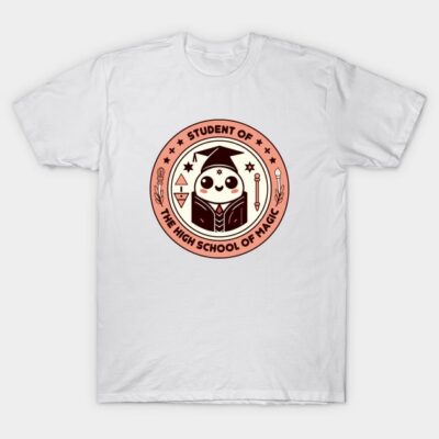 White t-shirt featuring "Student of The High School of Magic" design with cute character in a wizard theme.