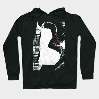 Black graphic hoodie featuring urban jump design, casual streetwear style, ideal for cool weather. Cotton blend material.