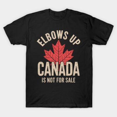 Black t-shirt featuring red maple leaf graphic with "Elbows Up Canada" text, casual wear, cotton material.