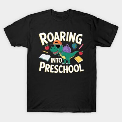 Black T-shirt with "Roaring Into Preschool" dinosaur design, colorful school-themed graphics, fun for kids.