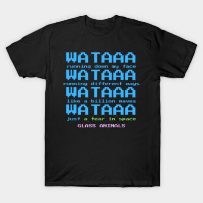 Black T-shirt with blue pixel art text design, featuring creative typography and colorful accents. Perfect for casual wear.