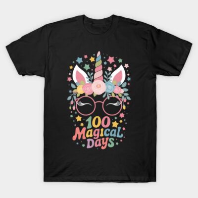 Black t-shirt with colorful unicorn design, "100 Magical Days" text, ideal for celebration or casual wear.