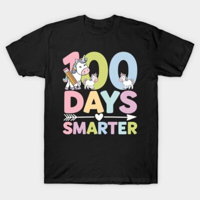 "Black 100 Days Smarter T-shirt with colorful unicorn design, perfect for school celebrations and casual wear."