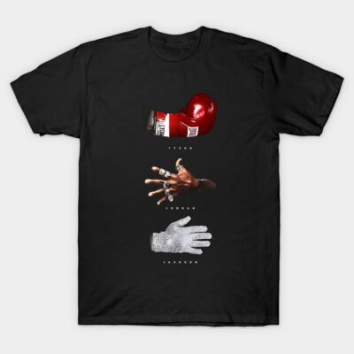 Black T-shirt with graphic design featuring boxing glove, rings, and glove motifs. Casual wear, cotton material.