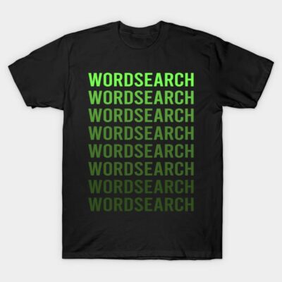 Black T-shirt with green "WORDSEARCH" text design, casual style, 100% cotton, perfect for everyday wear.