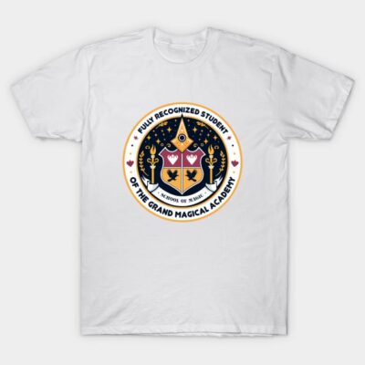 White T-shirt with "Grand Magical Academy" crest design, suitable for casual wear, cotton material.