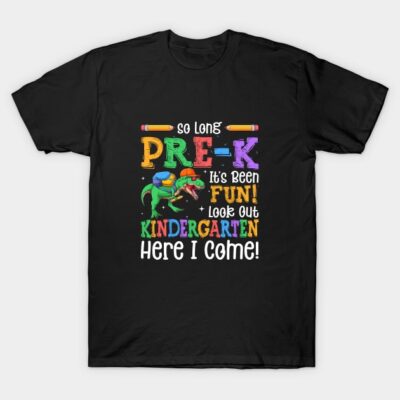 Black T-shirt with colorful "So Long Pre-K, Hello Kindergarten" dinosaur design, perfect for school transitions.