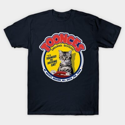 Navy blue t-shirt with vintage-style cat driving school graphic, perfect for casual wear, made from soft cotton.