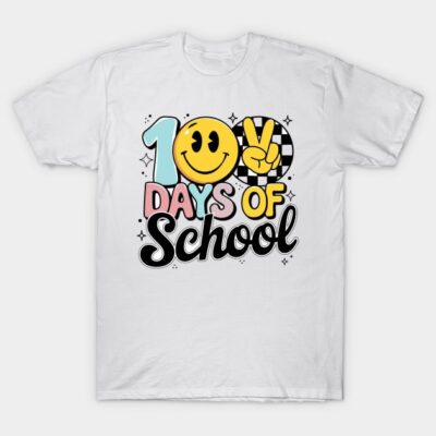 White "100 Days of School" T-shirt with colorful graphic design, perfect for school milestone celebrations. Cotton fabric.