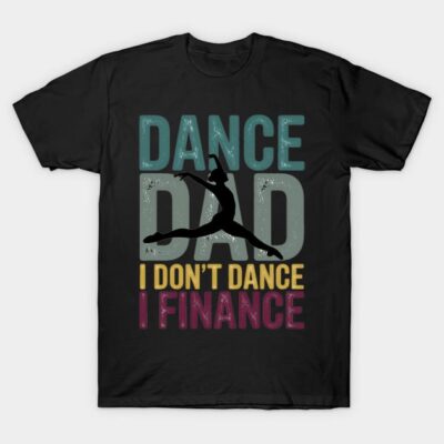 Black "Dance Dad" T-shirt with colorful text and dancer silhouette, casual wear, cotton blend, perfect for dance events.
