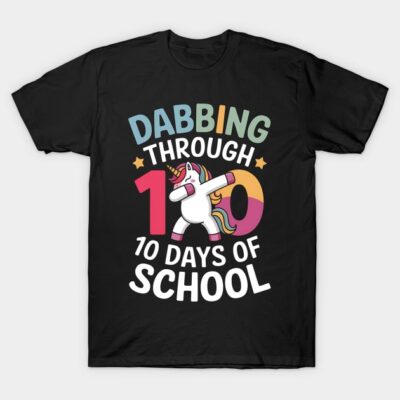 Black t-shirt with colorful "Dabbing Through 100 Days of School" unicorn design, ideal for school celebrations.