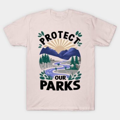 Eco-friendly pink t-shirt with "Protect Our Parks" design featuring mountains and river, ideal for nature enthusiasts.