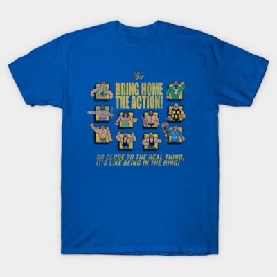 Blue graphic t-shirt featuring cartoon wrestlers and text, ideal for casual wear or wrestling fans.