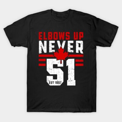Black graphic t-shirt with "Elbows Up Never 51" text and red maple leaf design, casual style, cotton material.