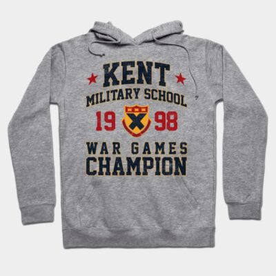 Gray hoodie with "Kent Military School 1998 War Games Champion" text, featuring bold red and navy design.