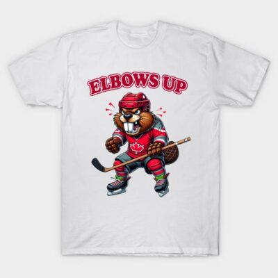White t-shirt with cartoon hockey beaver design, "Elbows Up" text, perfect for sports fans, casual wear.