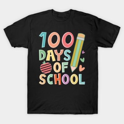 Black t-shirt with colorful "100 Days of School" graphic featuring pencil and apple design, perfect for school events.